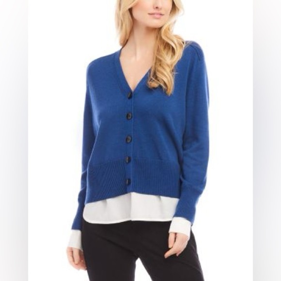 KAREN KANE Cashmere Blend Mixed Media Twofer Layered Look Sweater in Blue NWT - Picture 1 of 12